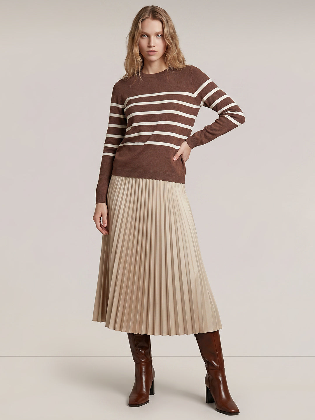 Brown Striped O-Neck Pullover