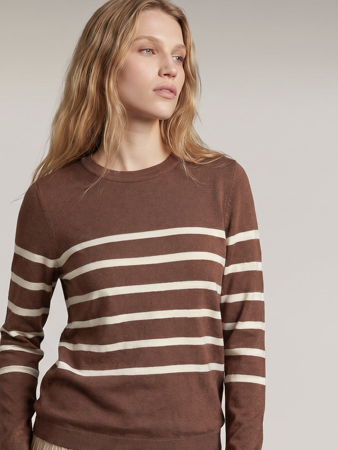 Brown Striped O-Neck Pullover