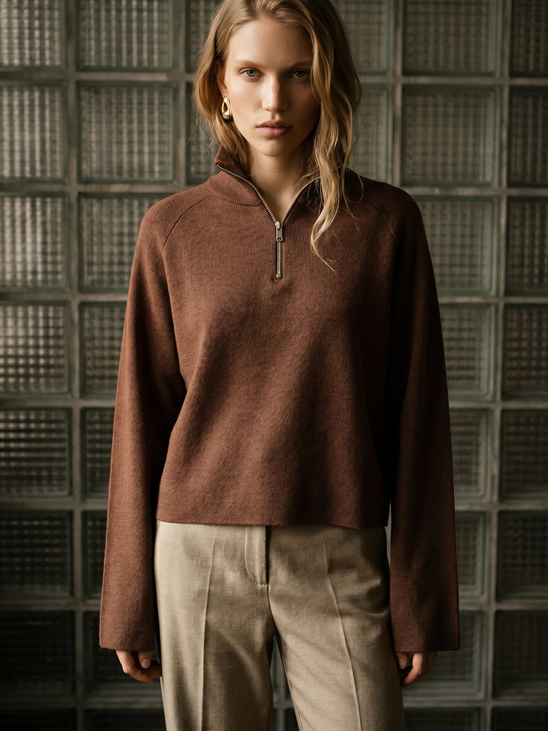 Brown High Neck Zipper Pullover