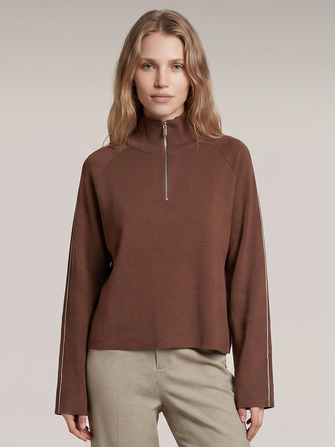 Brown High Neck Zipper Pullover