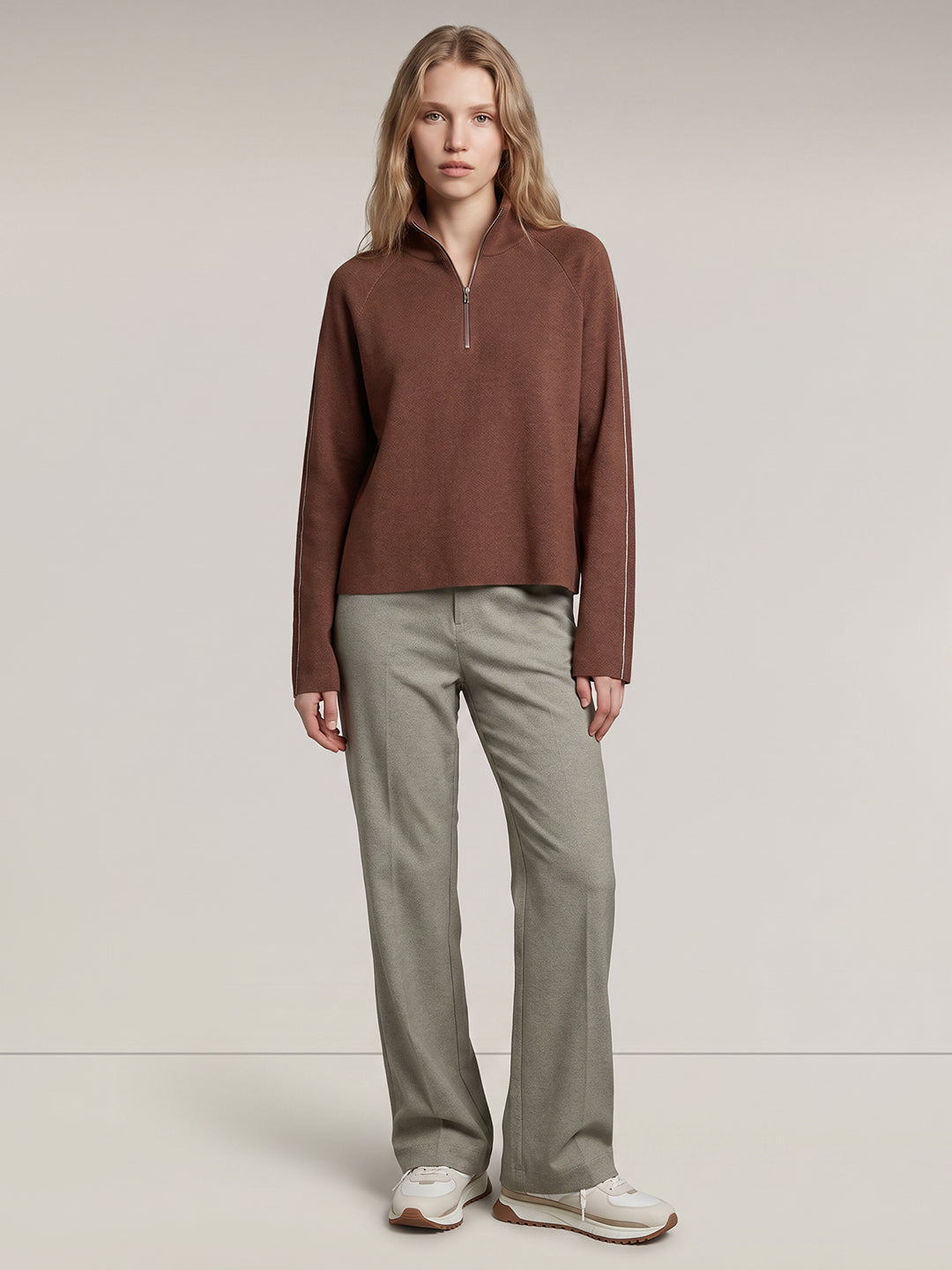 Brown High Neck Zipper Pullover