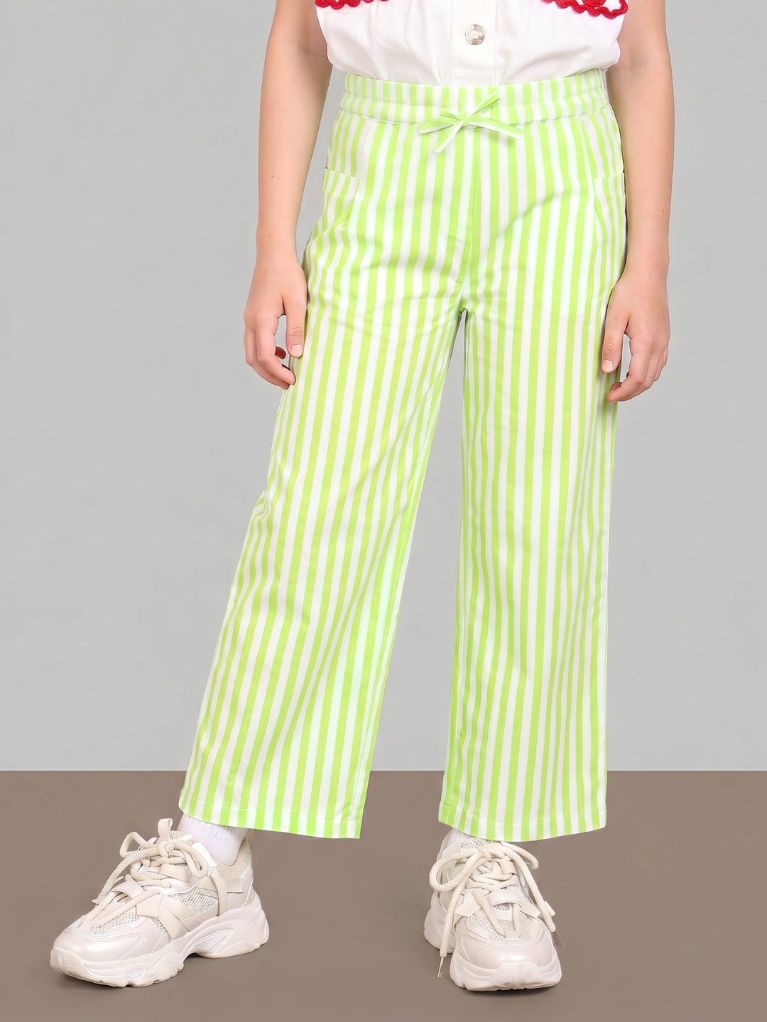 GIRLS Green Mid Rise Striped Pants