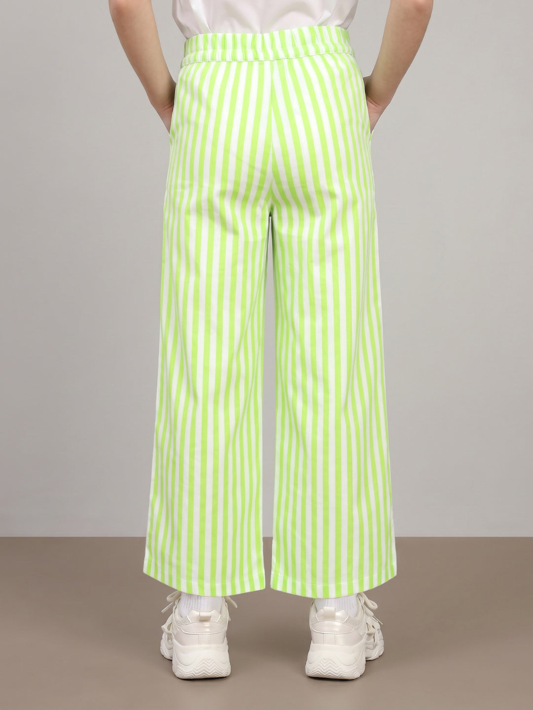 GIRLS Green Mid Rise Striped Pants