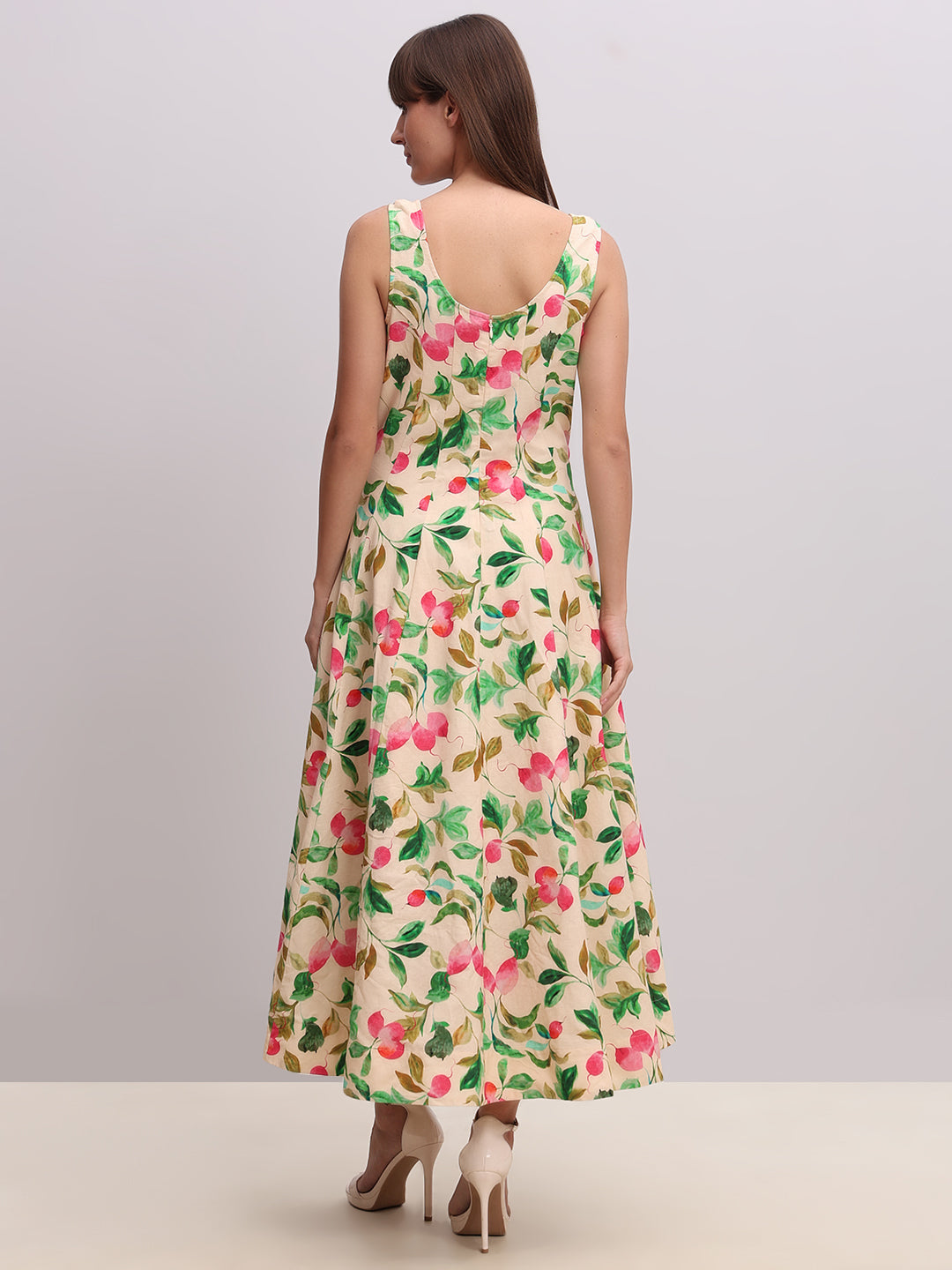 Beige Floral Print Midi Dress