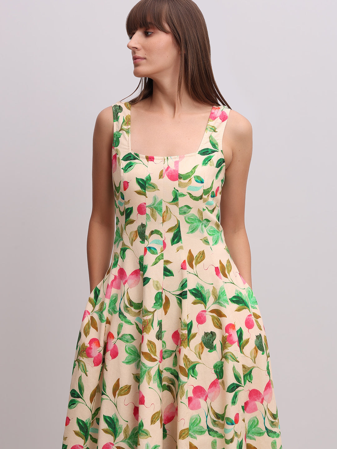 Beige Floral Print Midi Dress