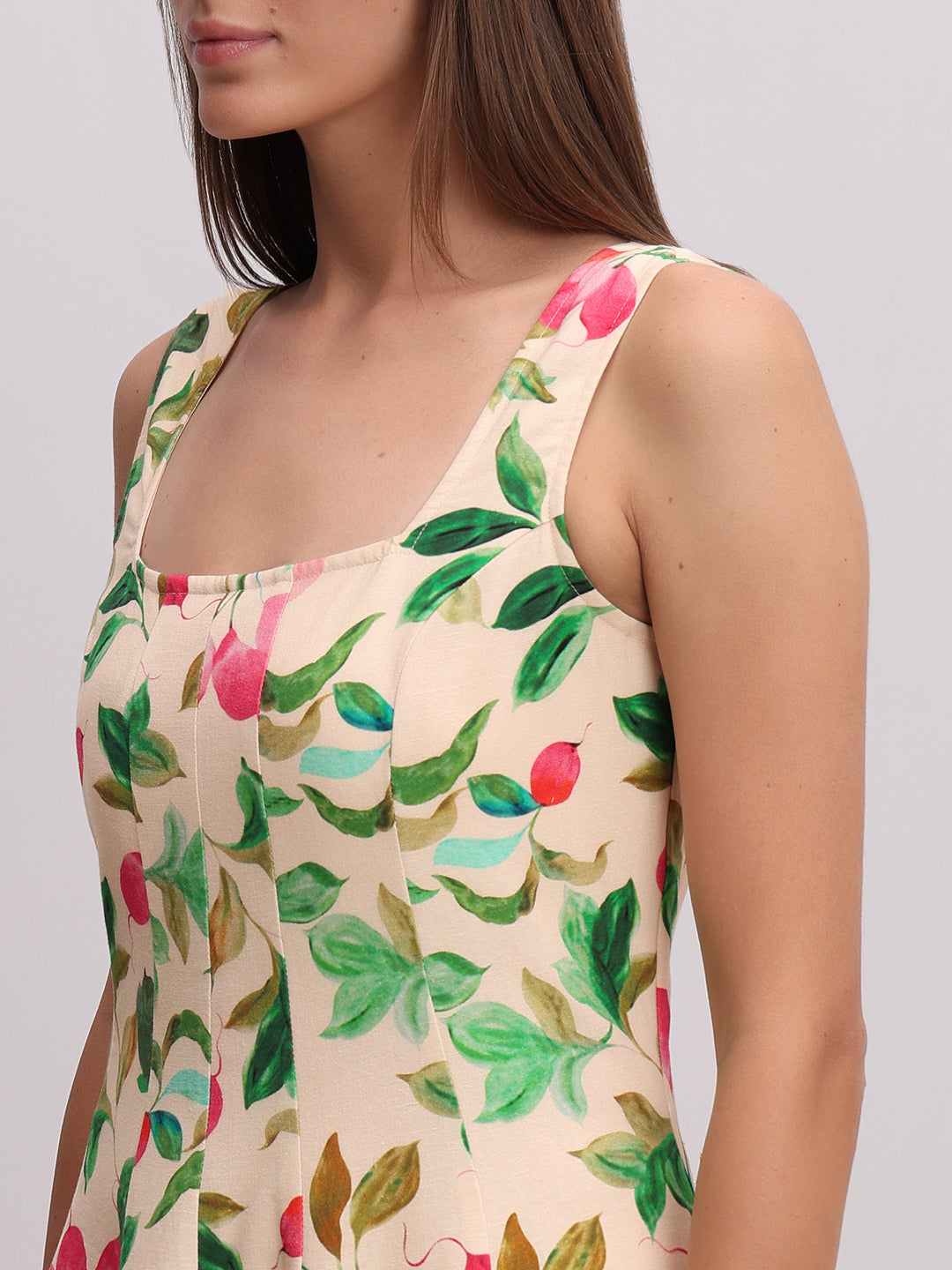 Beige Floral Print Midi Dress