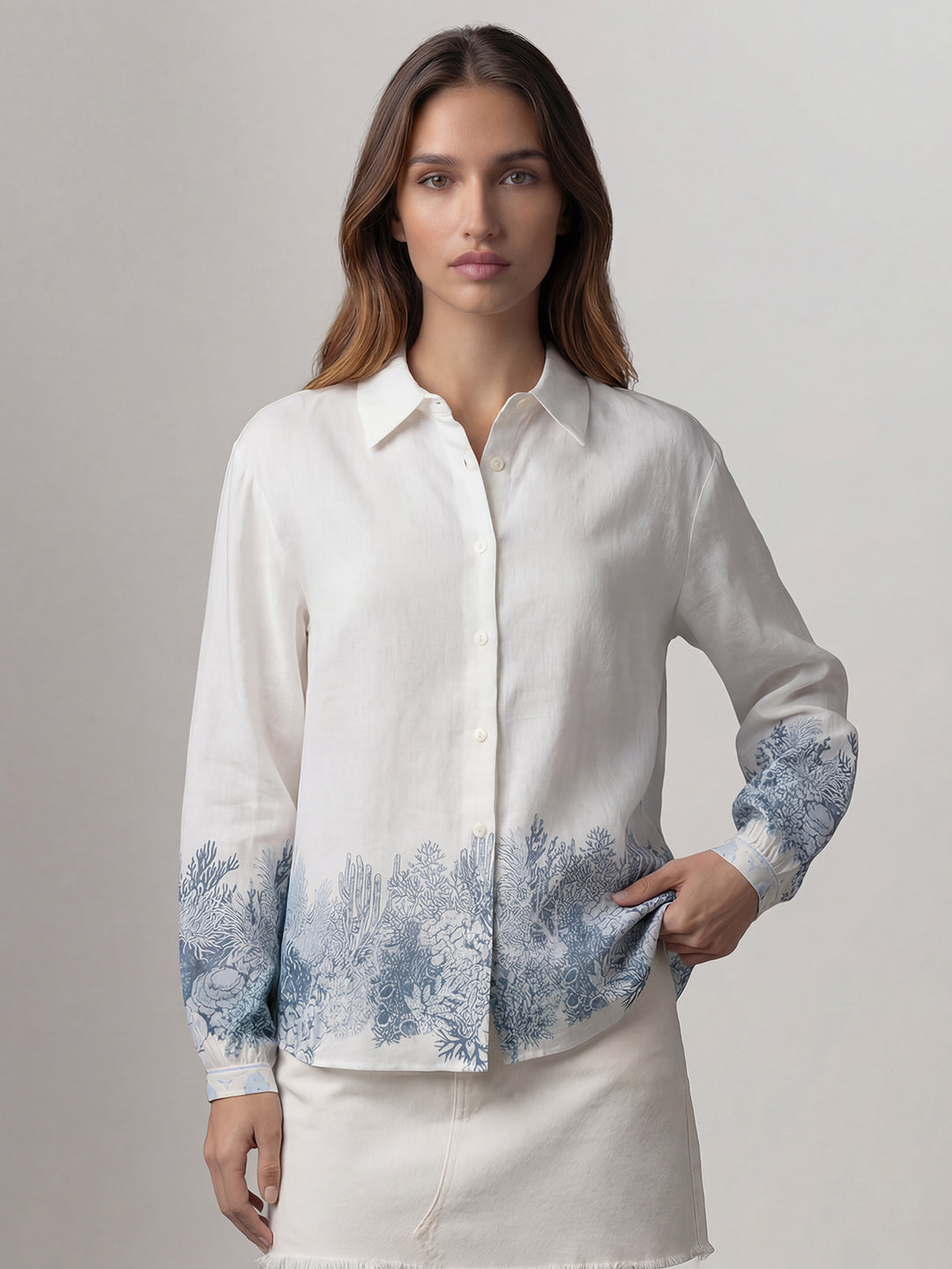 White Printed Full Sleeves Shirt