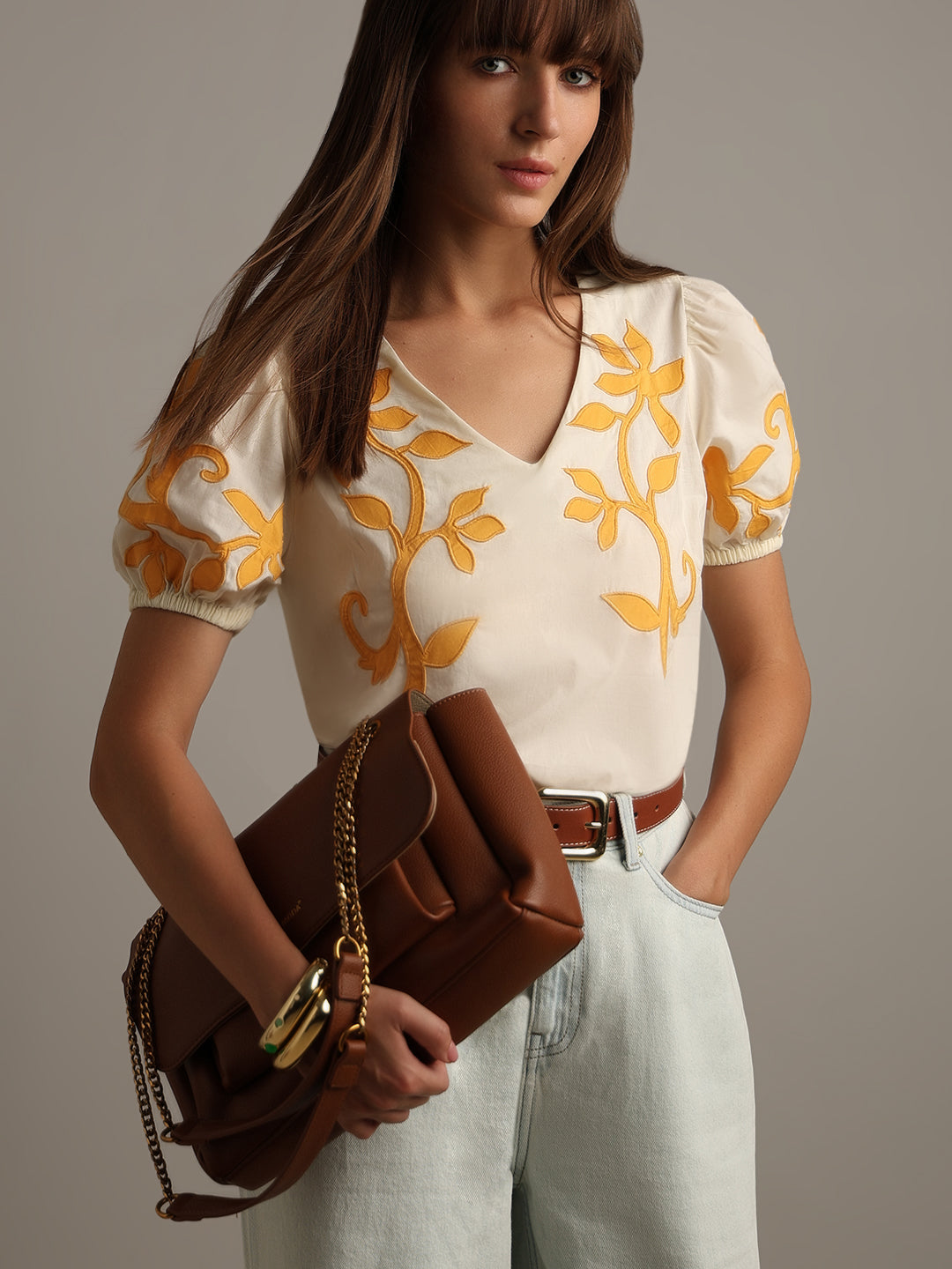 Off-White Printed Puff-Sleeves Top
