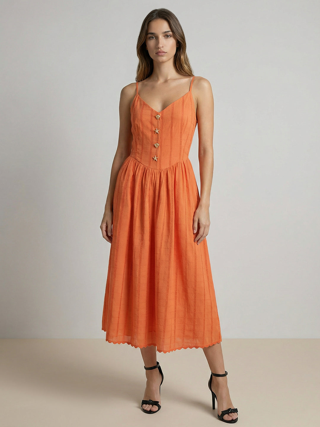 Orange Cotton Strappy Midi Dress