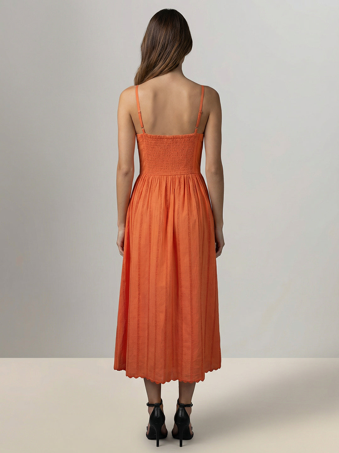 Orange Cotton Strappy Midi Dress