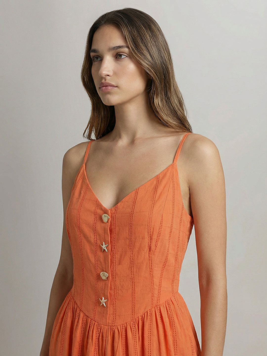 Orange Cotton Strappy Midi Dress