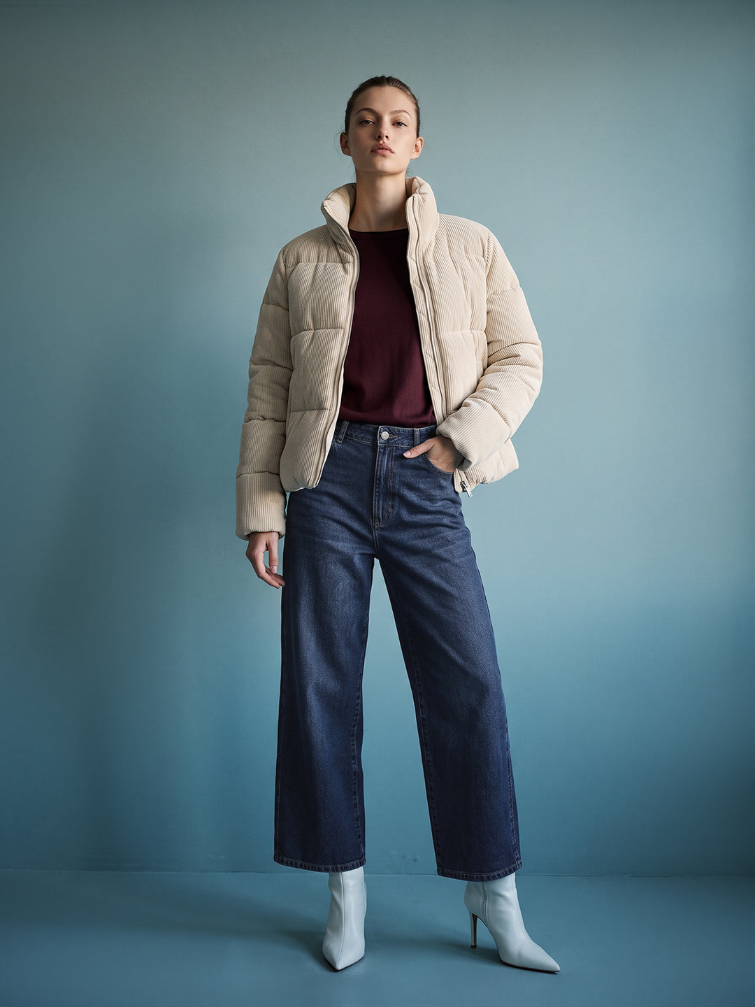 Beige corduroy puffer jacket