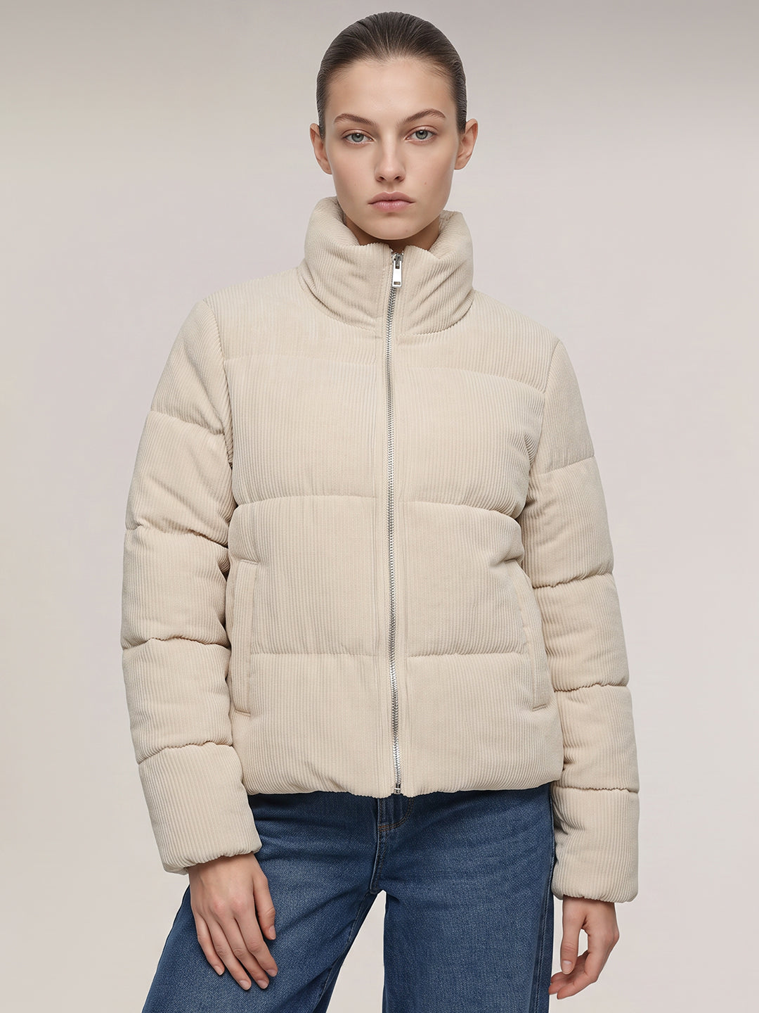 Beige corduroy puffer jacket