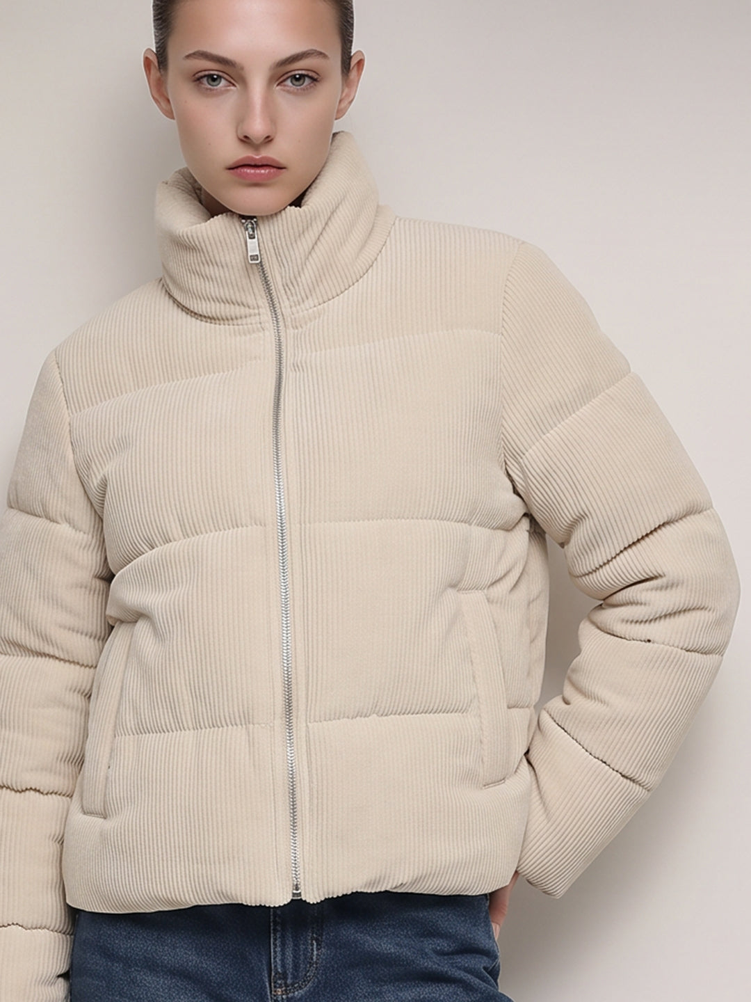 Beige corduroy puffer jacket