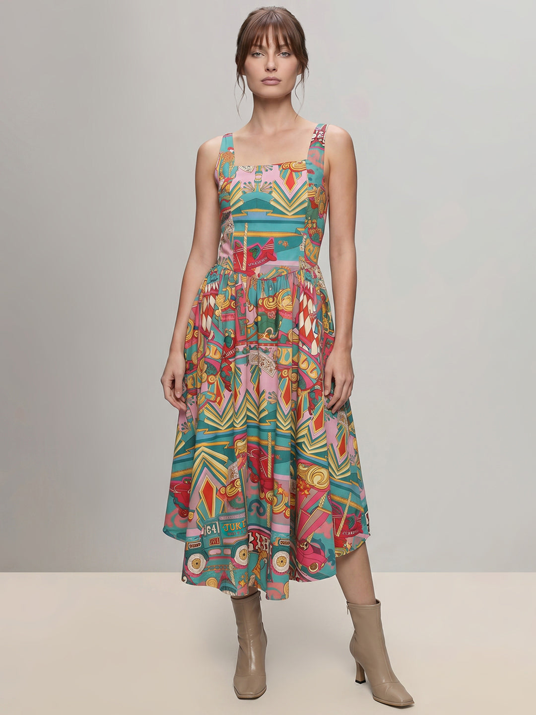 Multi-Colour Printed Flowy Midi Dress
