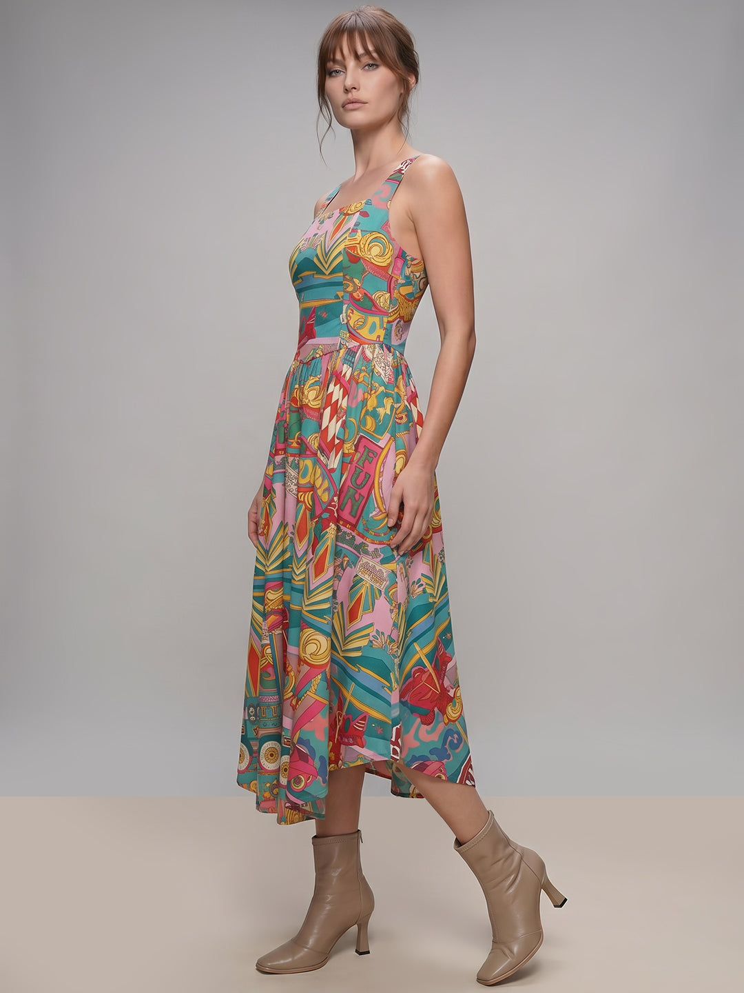 Multi-Colour Printed Flowy Midi Dress