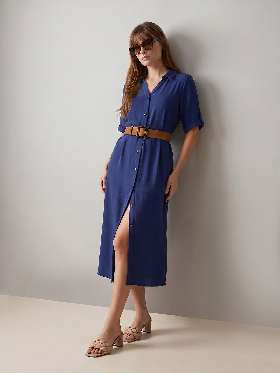 Dark Blue Belted Shirt Dress