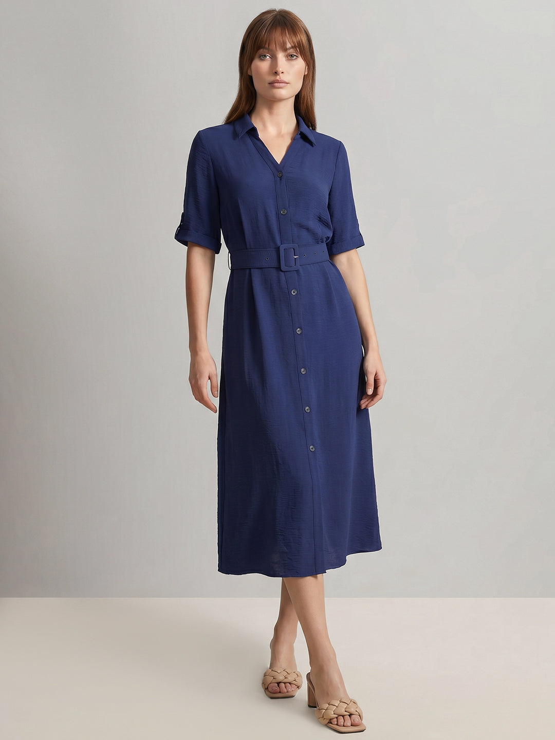 Dark Blue Belted Shirt Dress