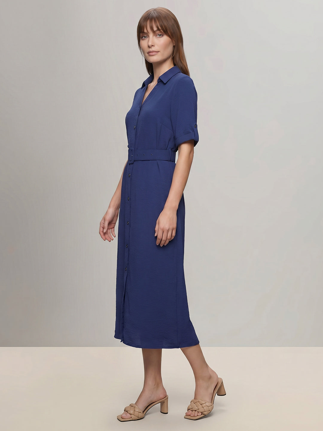 Dark Blue Belted Shirt Dress