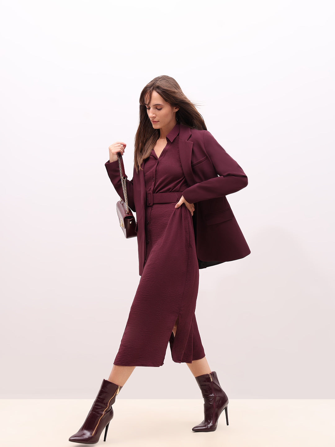 Burgundy Belted Shirt Dress