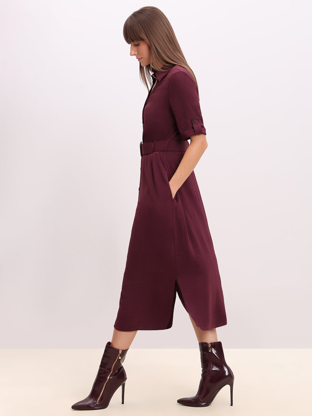 Burgundy Belted Shirt Dress