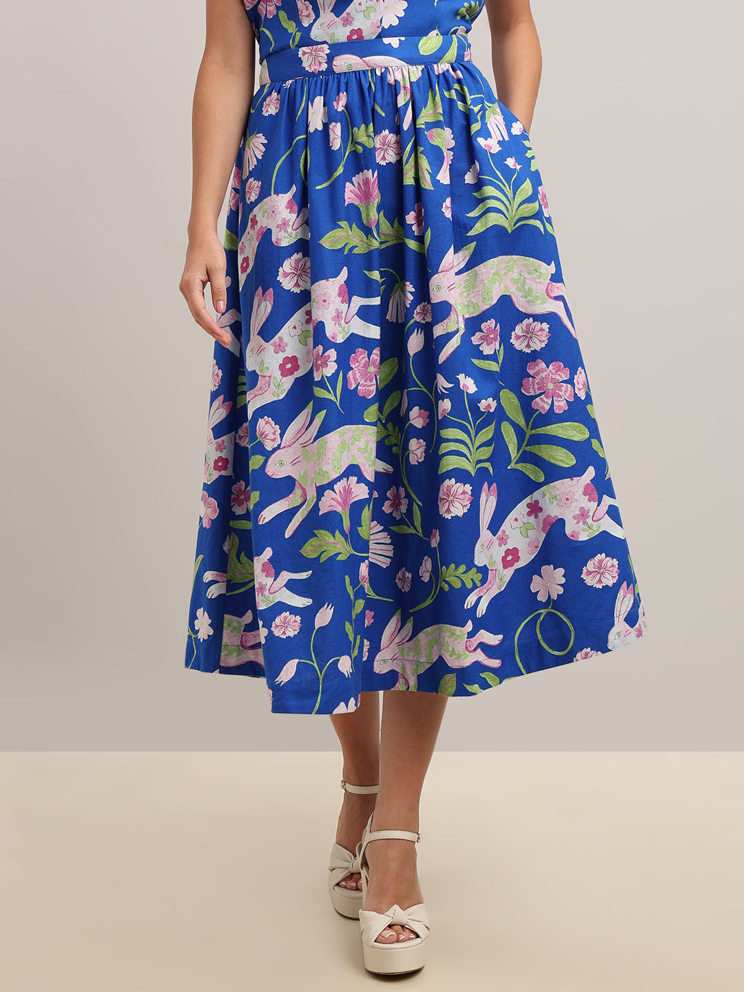 Blue Floral Flared Skirt