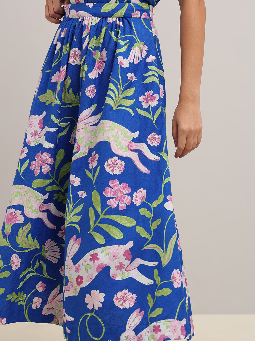 Blue Floral Flared Skirt