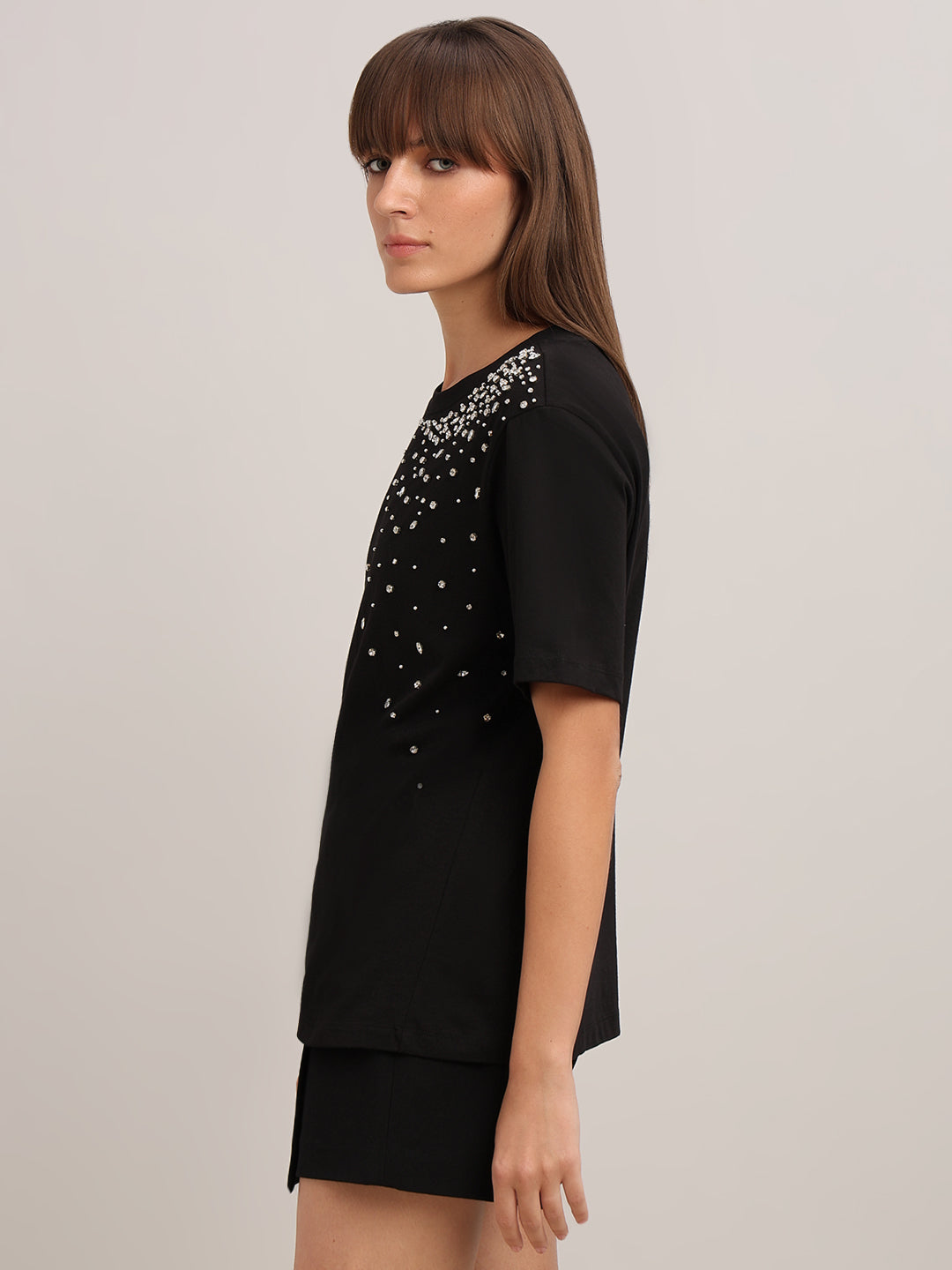 Black Embellished Cotton T-shirt