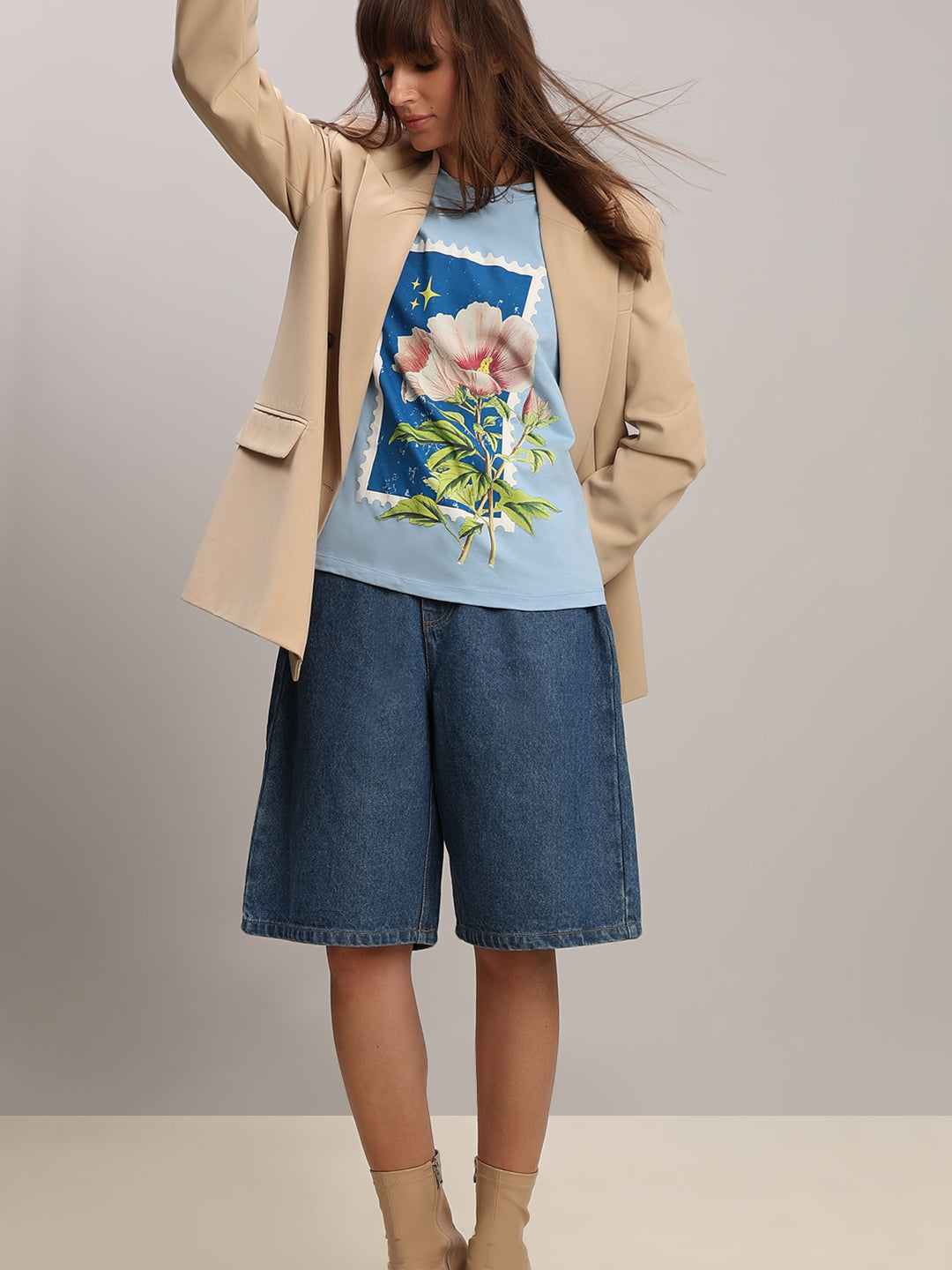 Blue Printed Cotton T-shirt