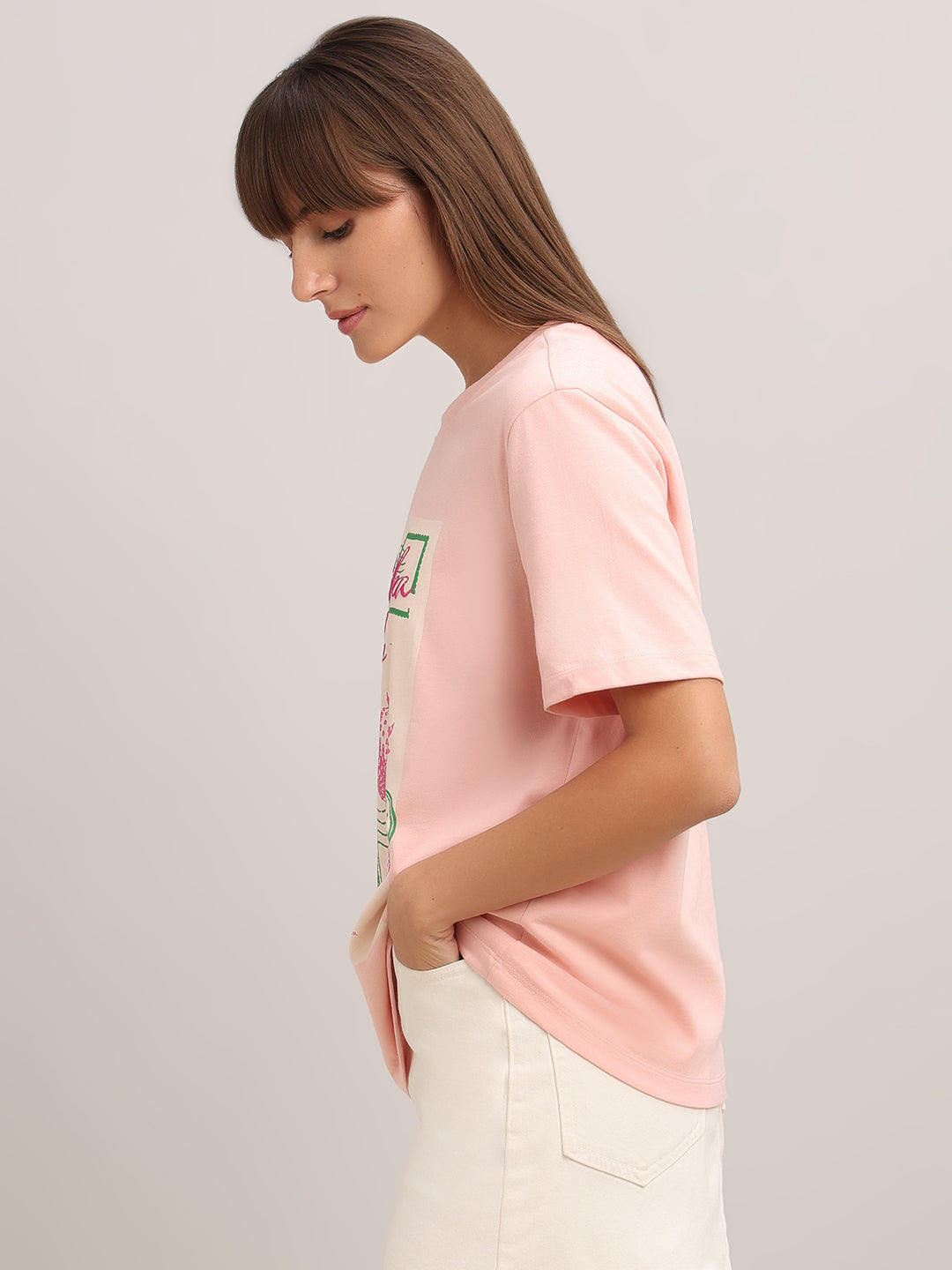 Pink Printed Cotton T-shirt
