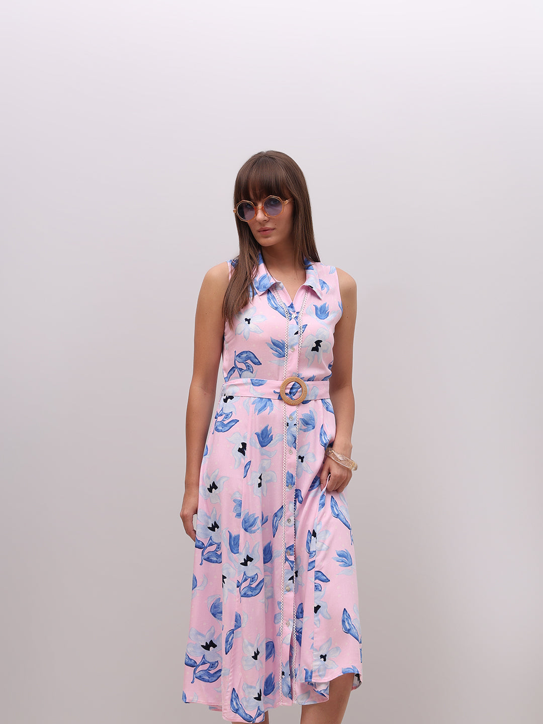 Floral Belted Sleeveless Midi Dress