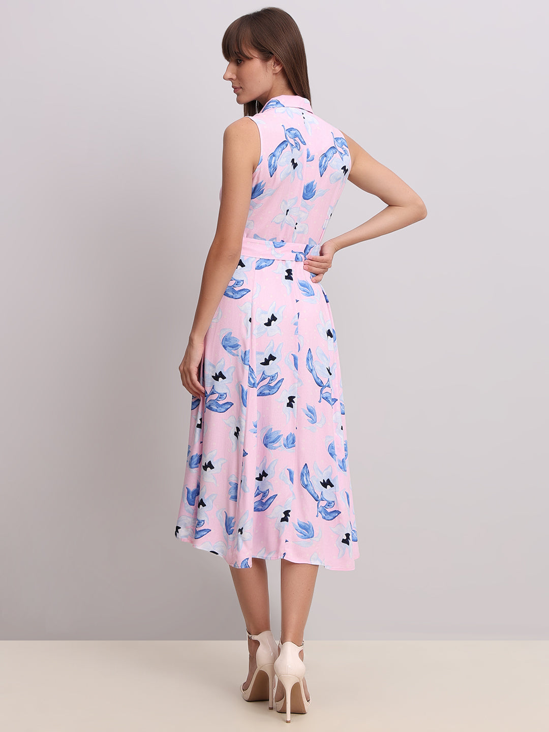 Floral Belted Sleeveless Midi Dress