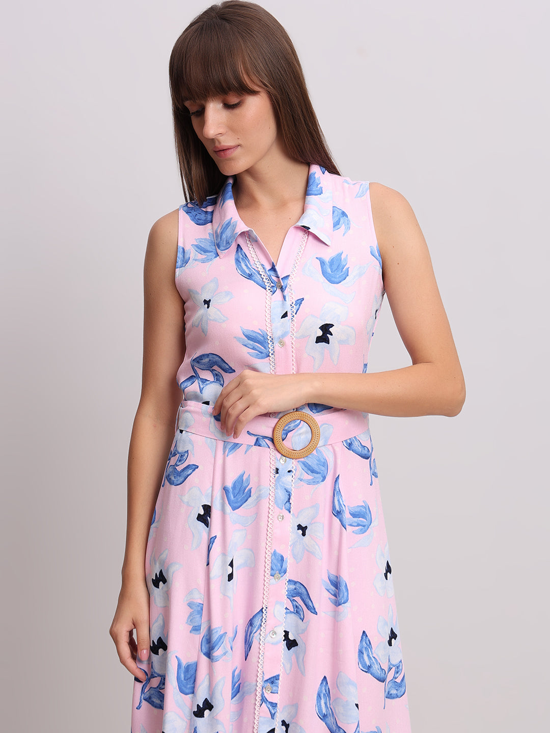 Floral Belted Sleeveless Midi Dress