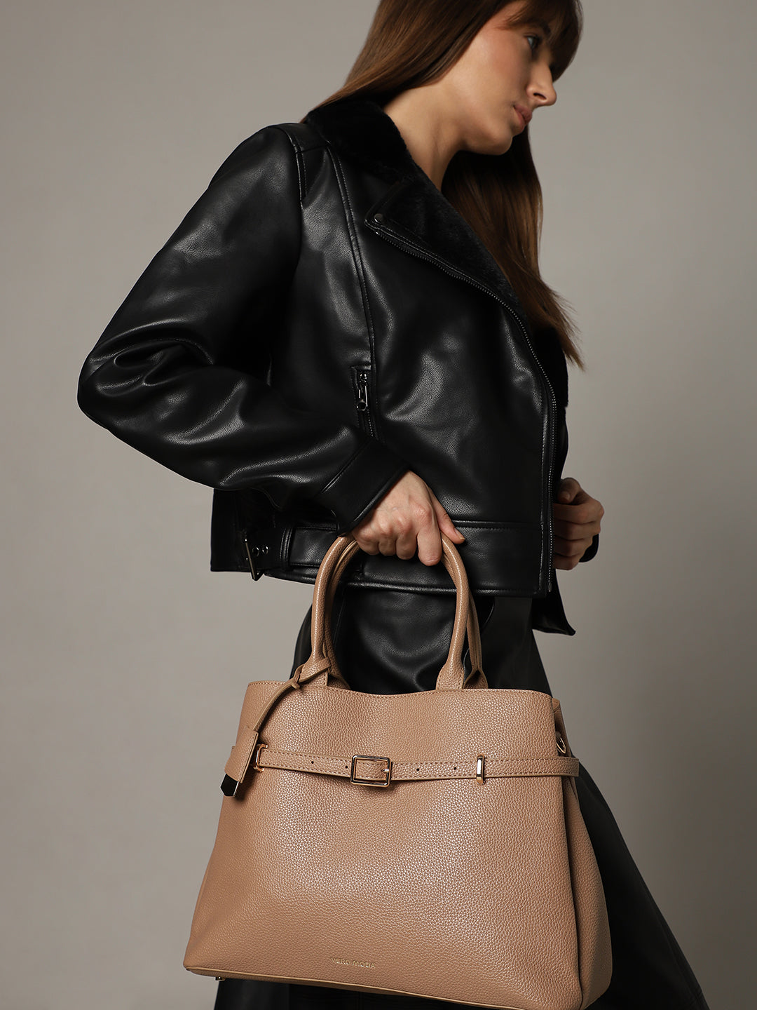 Beige Pebbled Finish Tote Bag