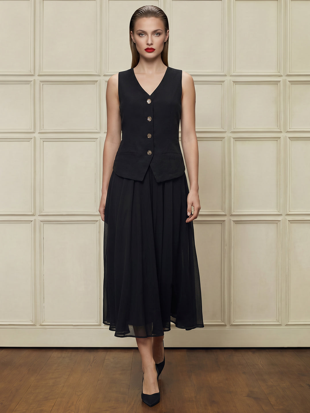 Black Pleated Waistcoat Dress
