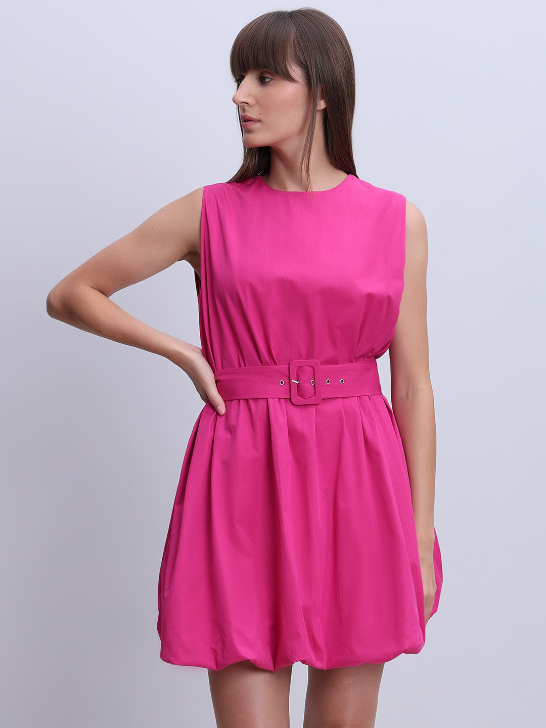 Fuchsia Pink Belted Mini Dress