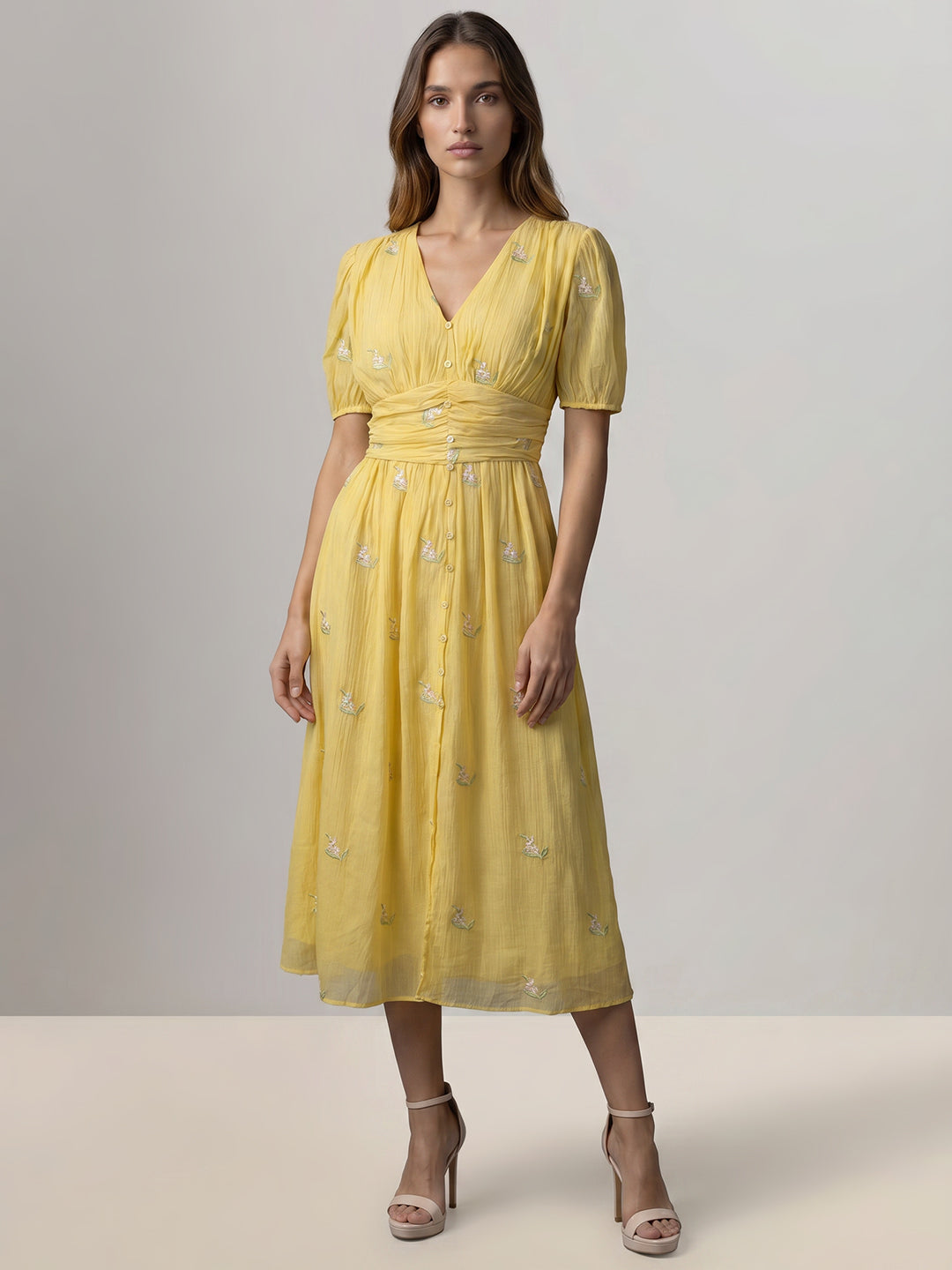 Yellow Embroidered Midi Dress