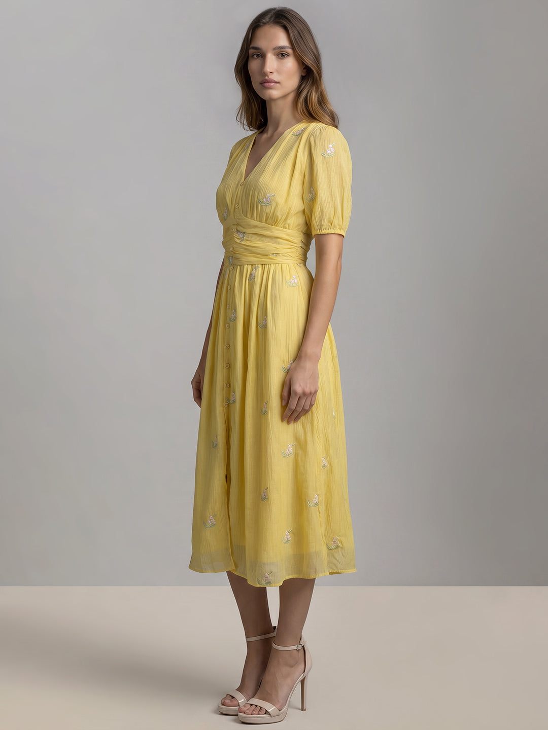 Yellow Embroidered Midi Dress