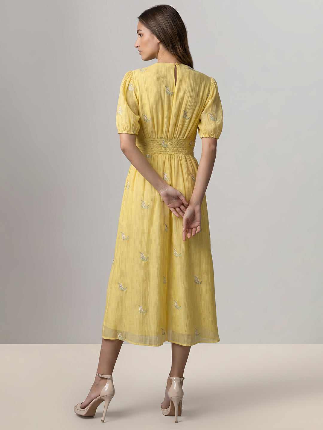 Yellow Embroidered Midi Dress