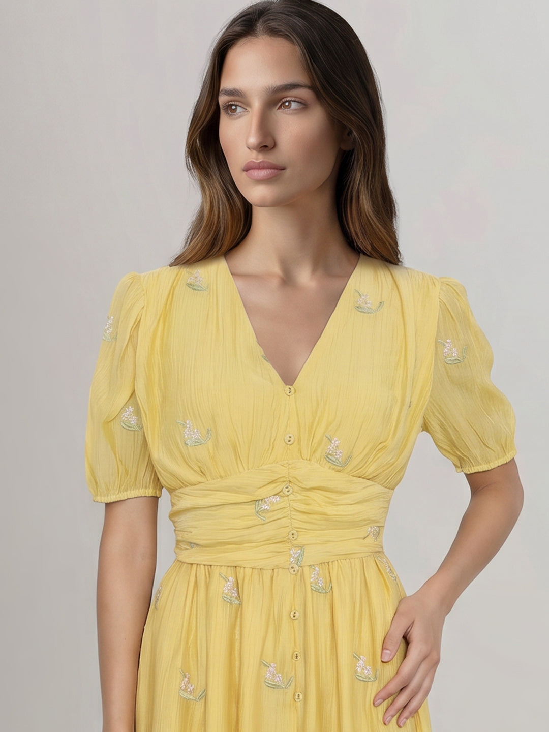 Yellow Embroidered Midi Dress