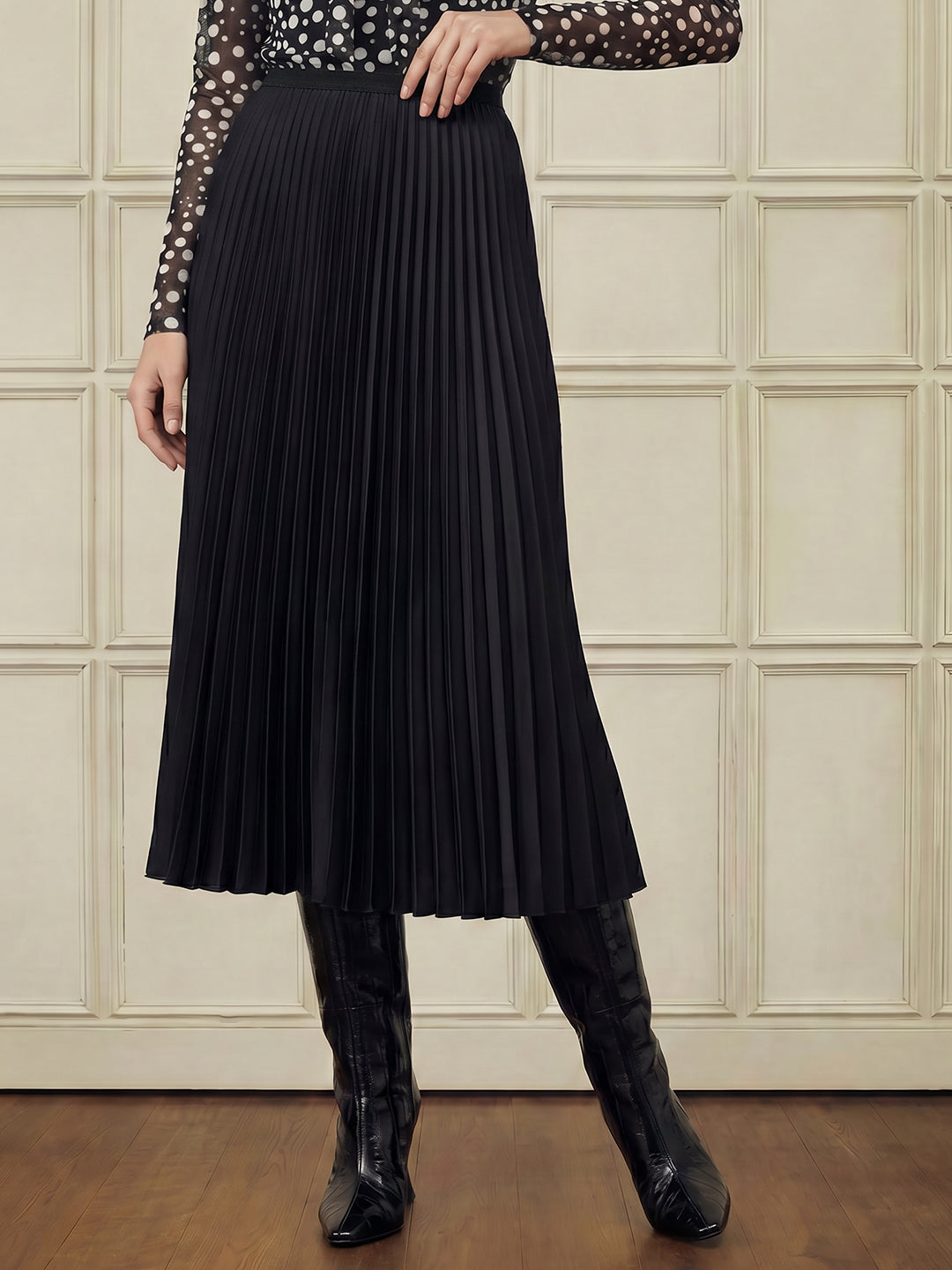 Black Pleated Midi Skirt