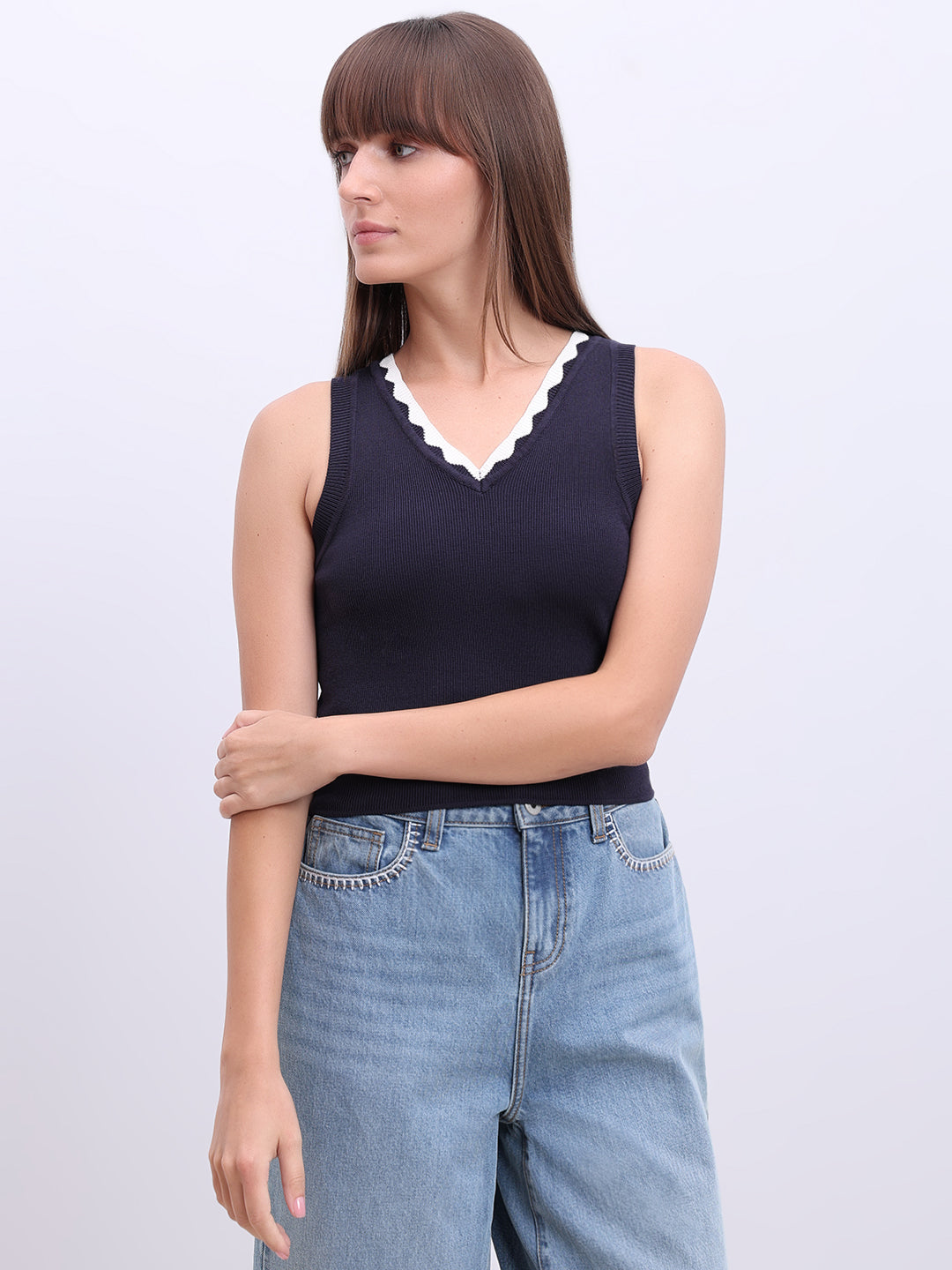 Navy Blue V-Neck Top