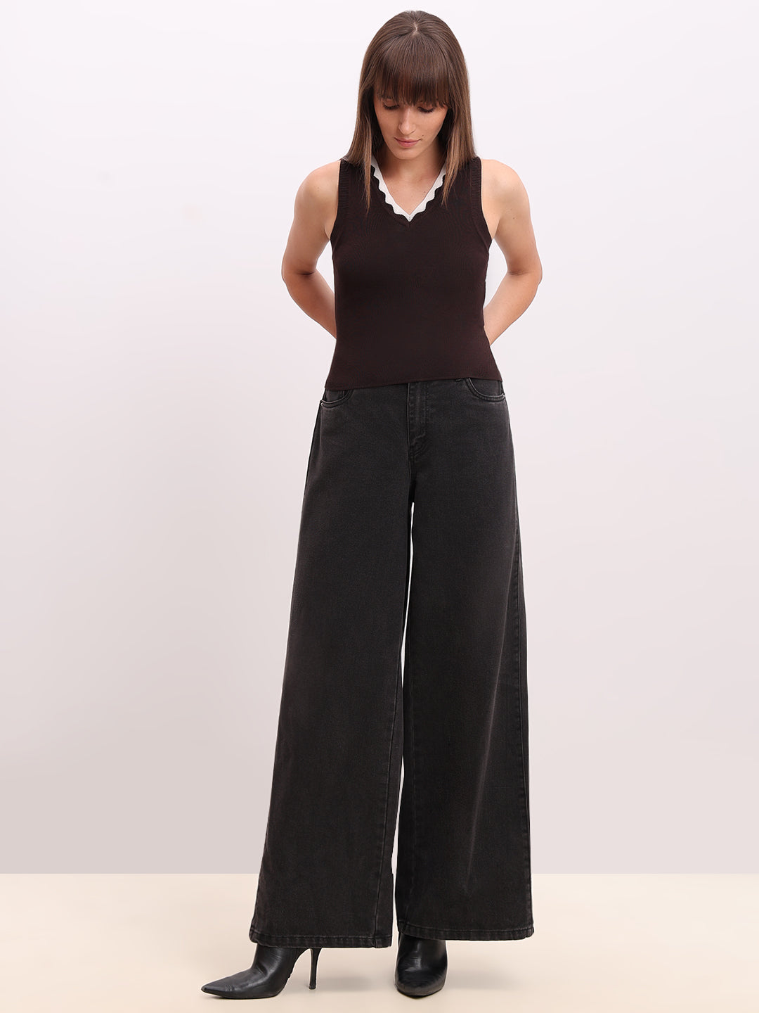 Dark Brown V-Neck Top