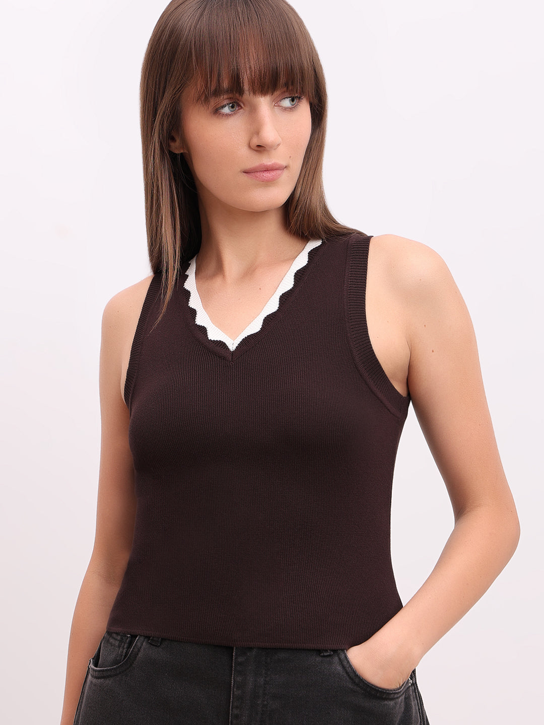 Dark Brown V-Neck Top