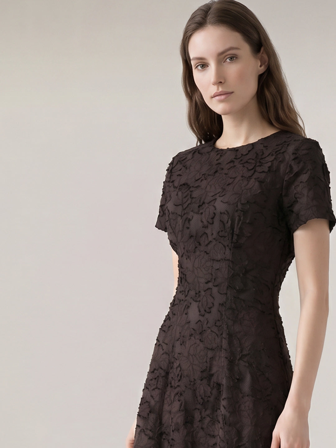 Dark Brown Floral Textured Dress