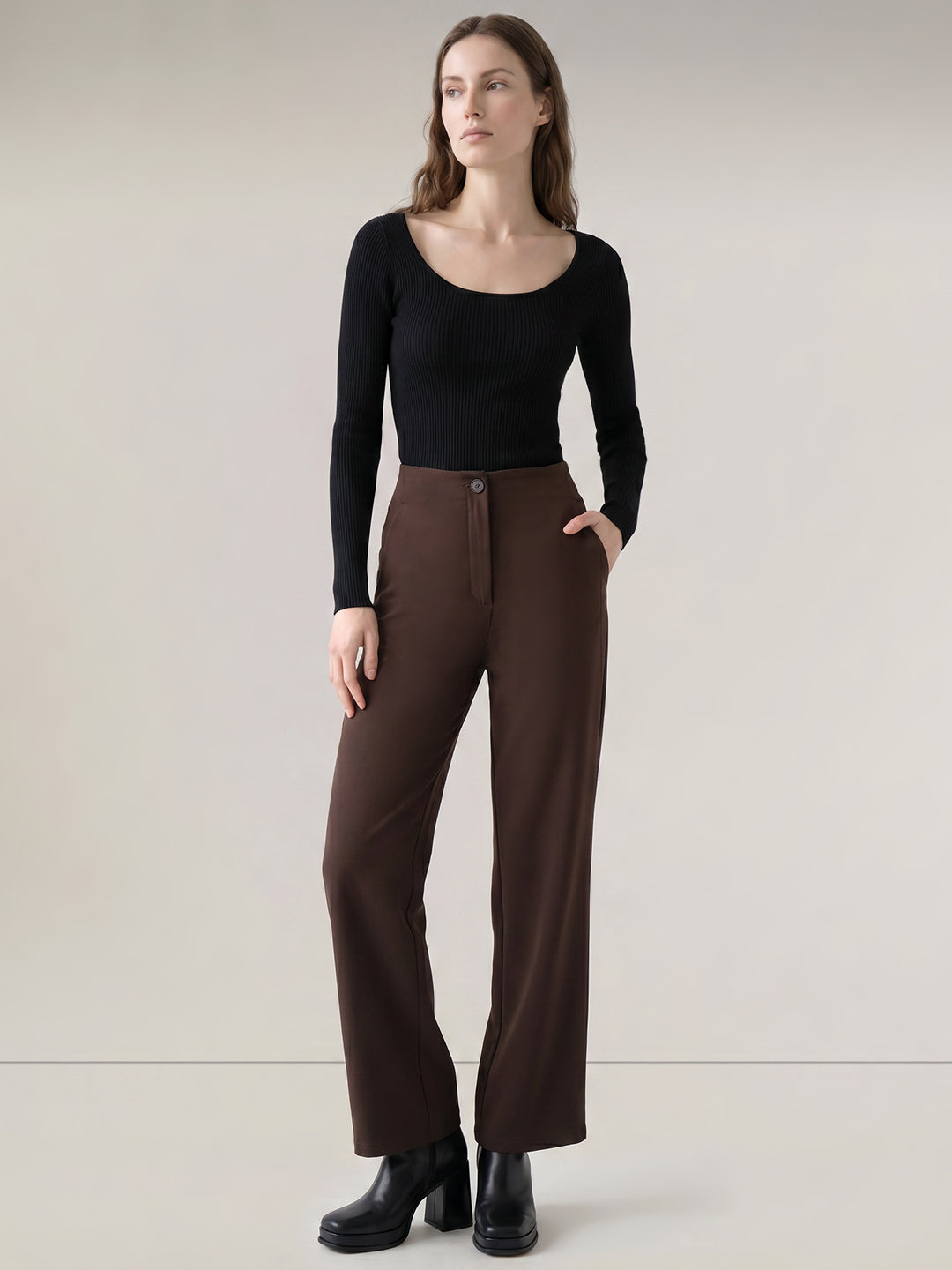 Brown High Rise Barrel Stretch Pants