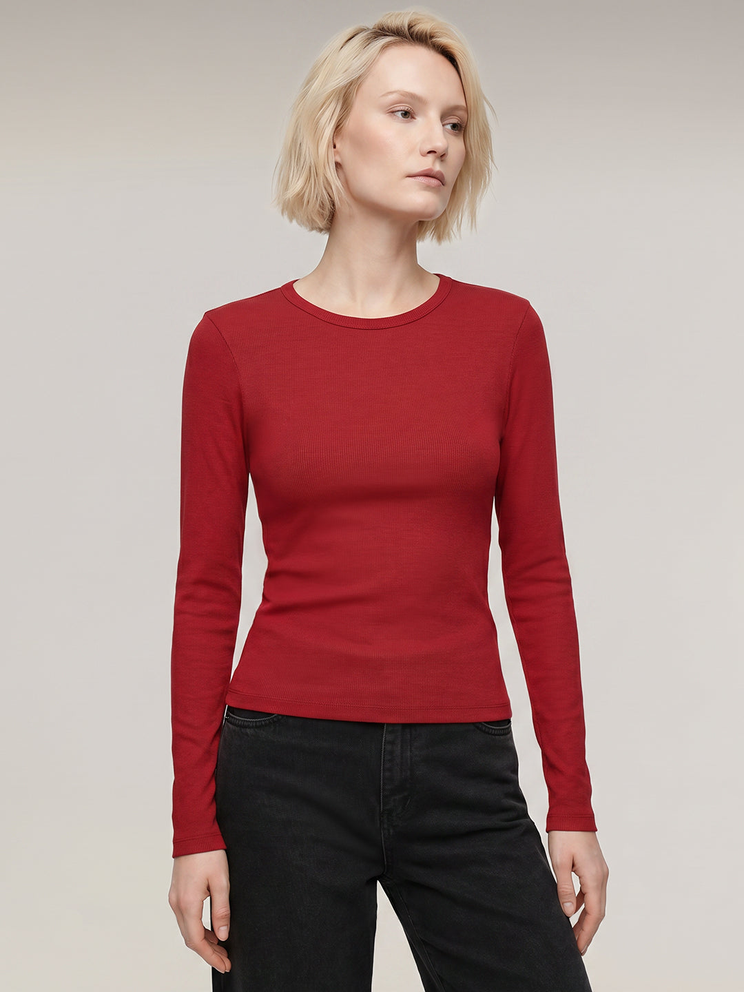Red Ribbed Full Sleeve Top