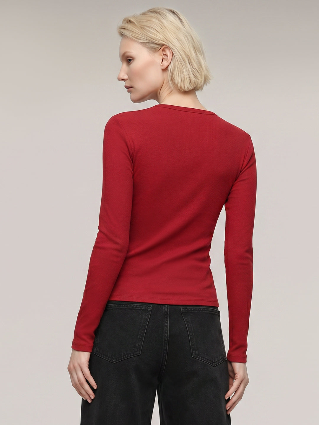 Red Ribbed Full Sleeve Top