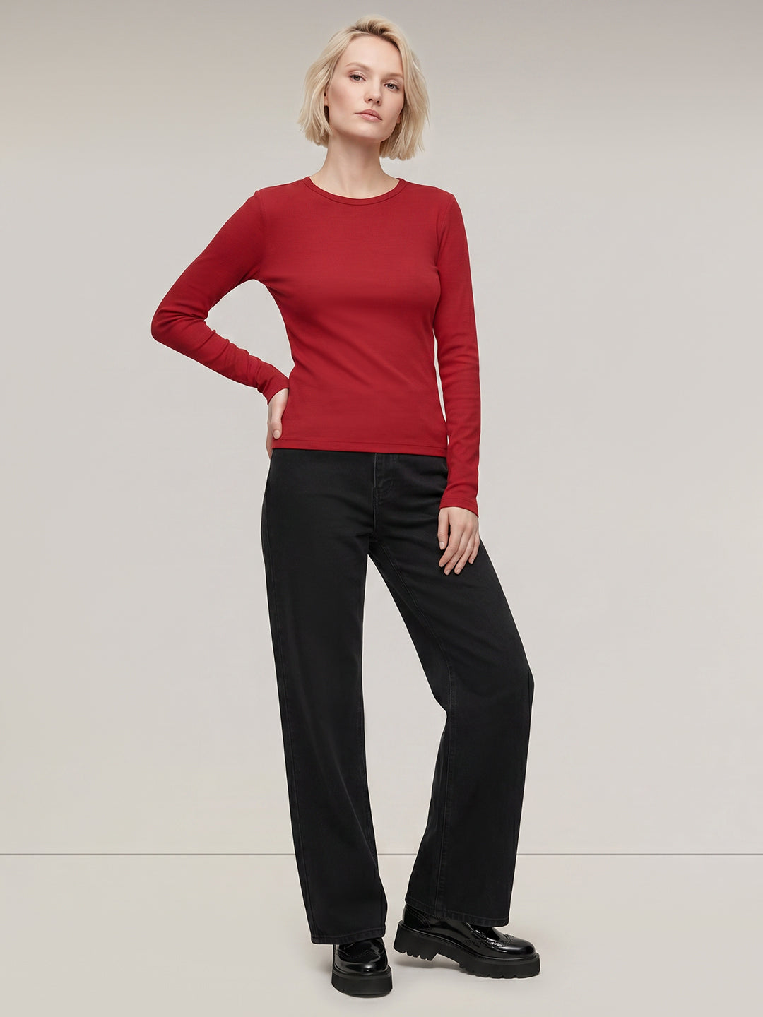 Red Ribbed Full Sleeve Top