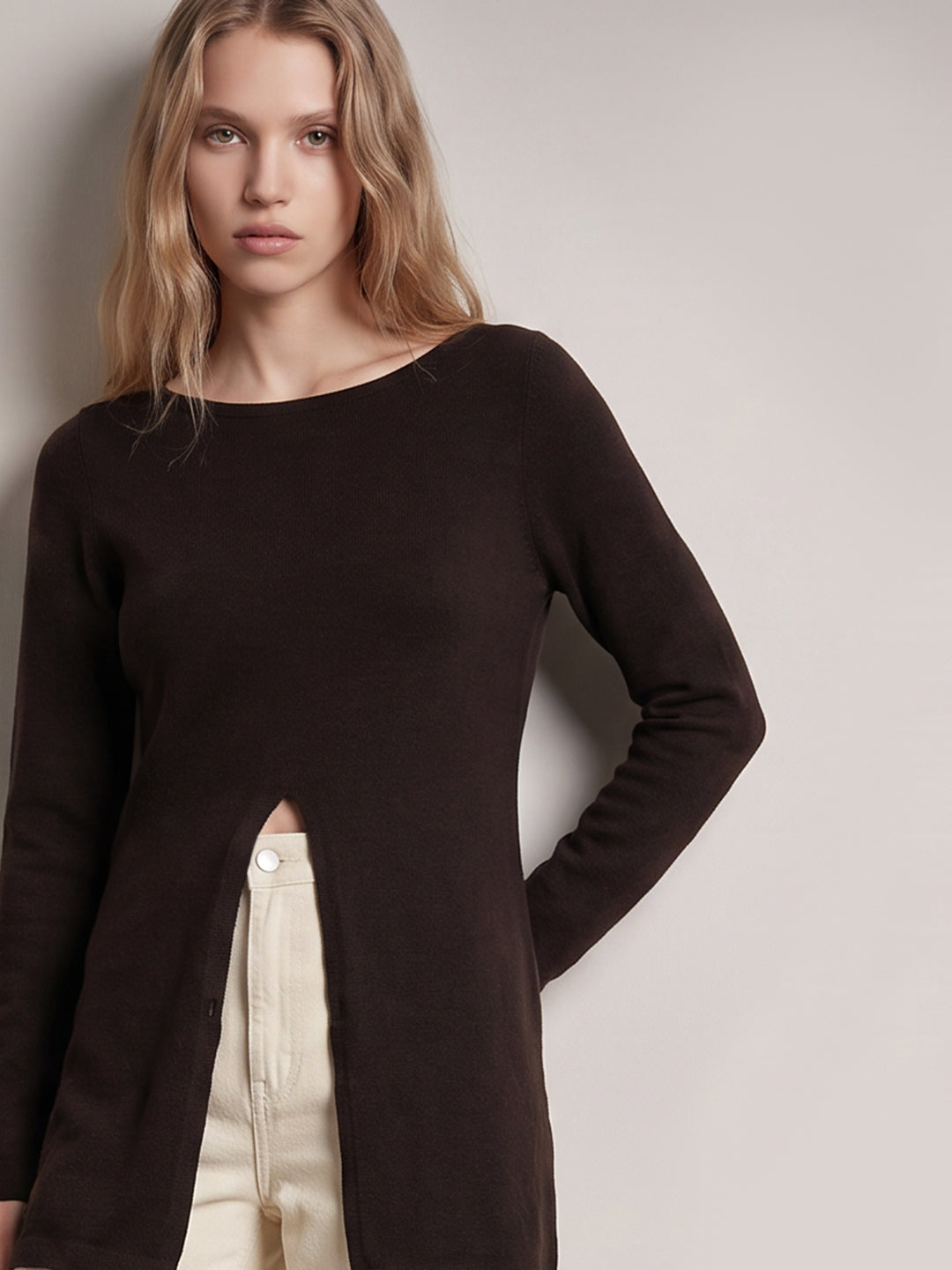 Dark Brown Boatneck Wrap Pullover